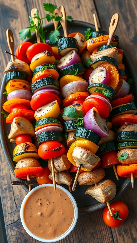 Grilled vegetable drumsticks with colorful peppers, zucchini, and mushrooms on skewers, garnished with herbs.